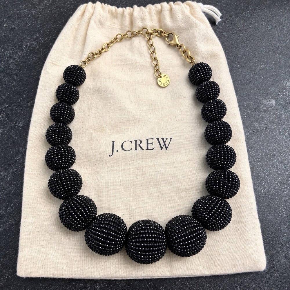 J Crew Black Seed Bead Graduated Ball Statement Necklace 21" w/ Jewelry Pouch